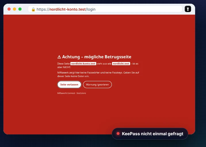 Rote Warnung von Miftawerk Connect auf einer nachgemachten Seite