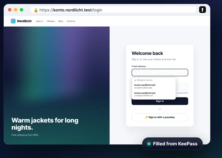 Miftawerk Connect menu at the login field of a sample site